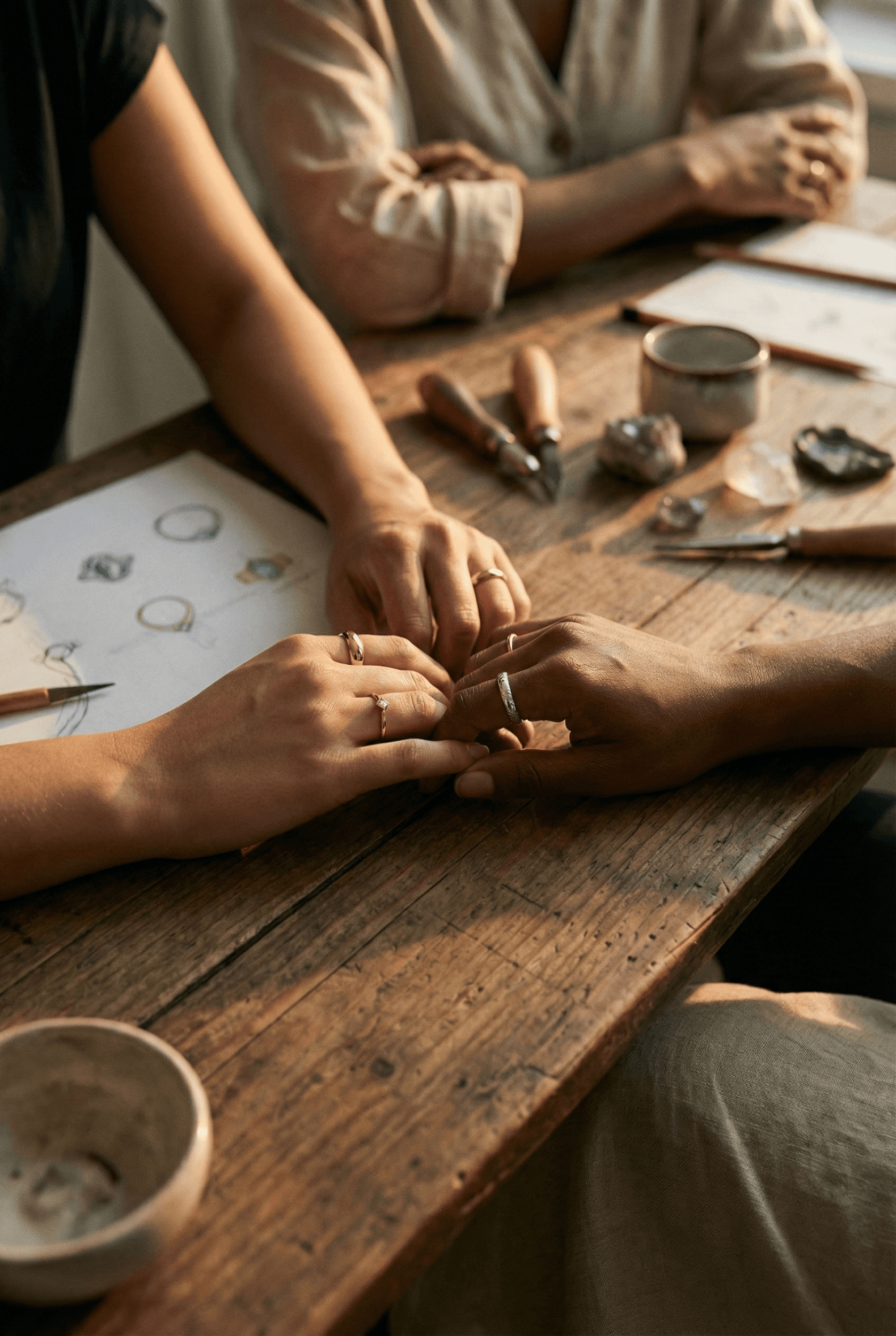 Hands of the three Traaya founders wearing rings