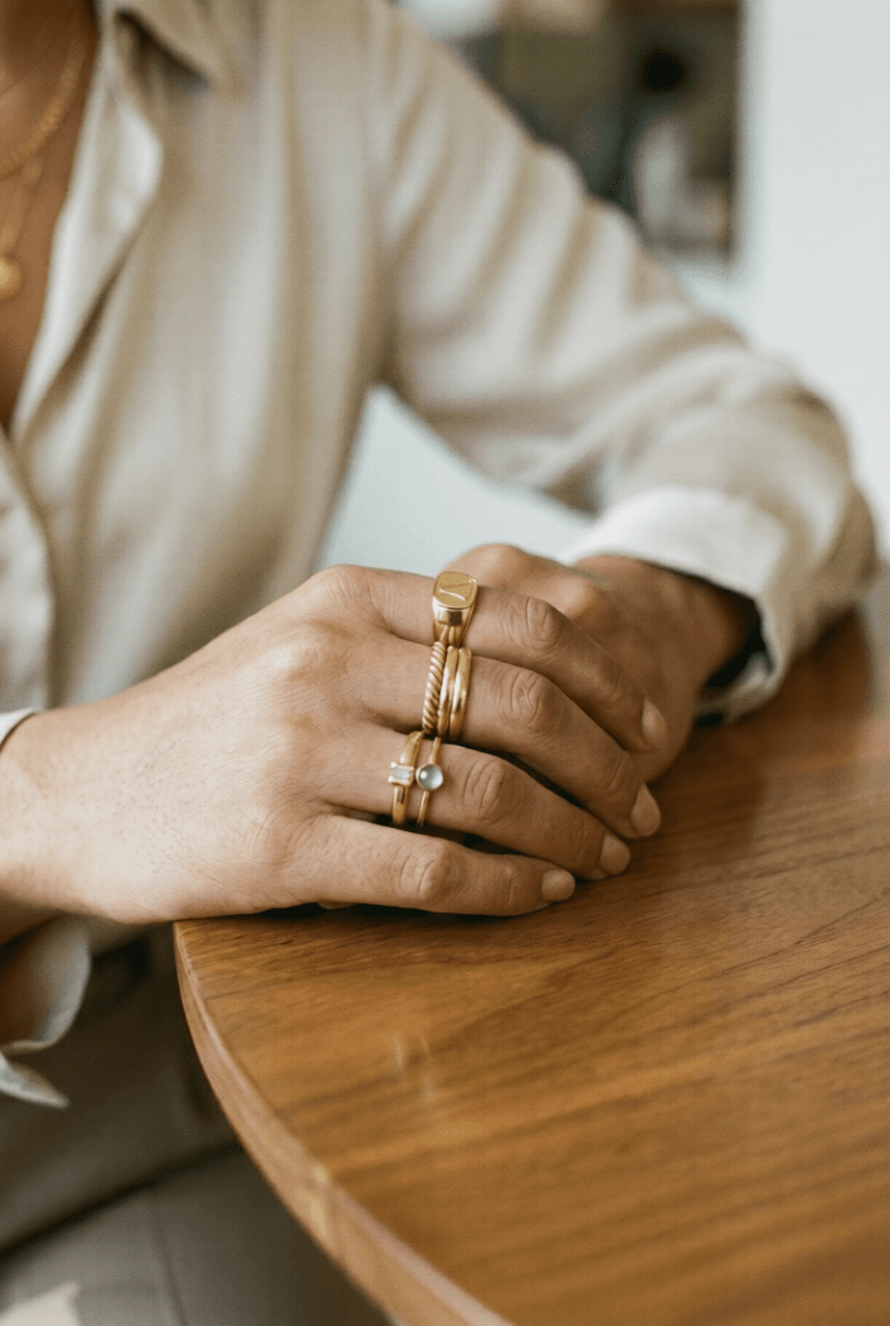 Close up of gold rings stacked on hand