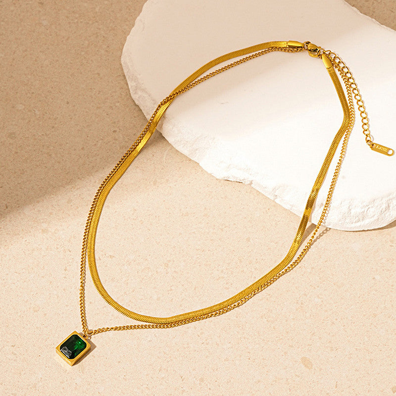 Gold-Plated Anti Tarnish Green Emerald Geometric Layered Necklace